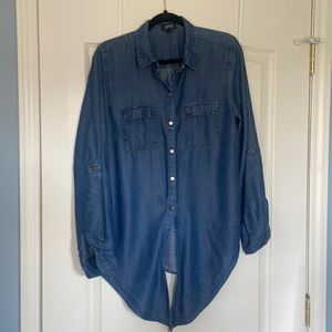 Denim button down shirt, roll tab sleeve EUC
